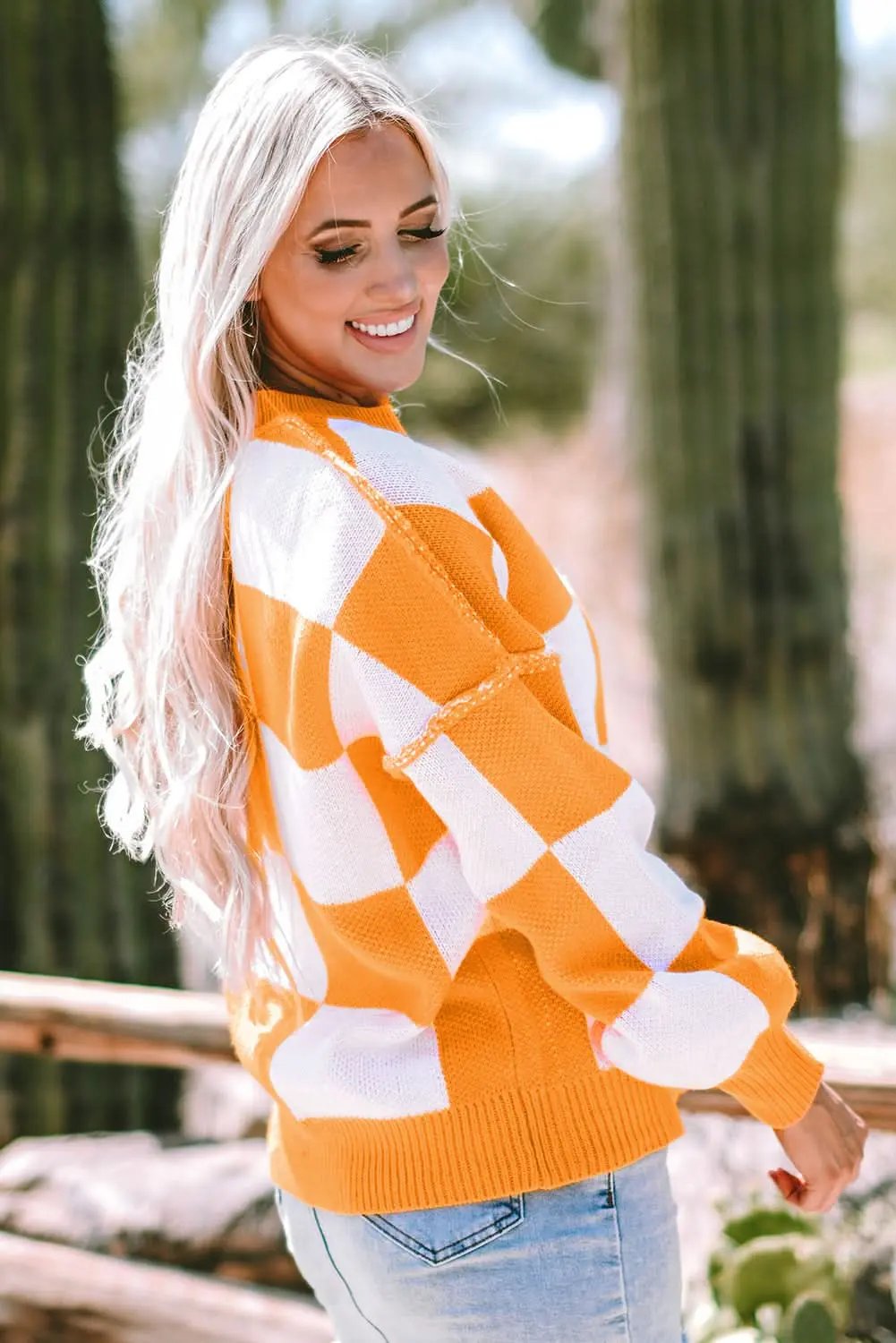 Orange Checkered Bishop Sleeve Sweater - Love Salve